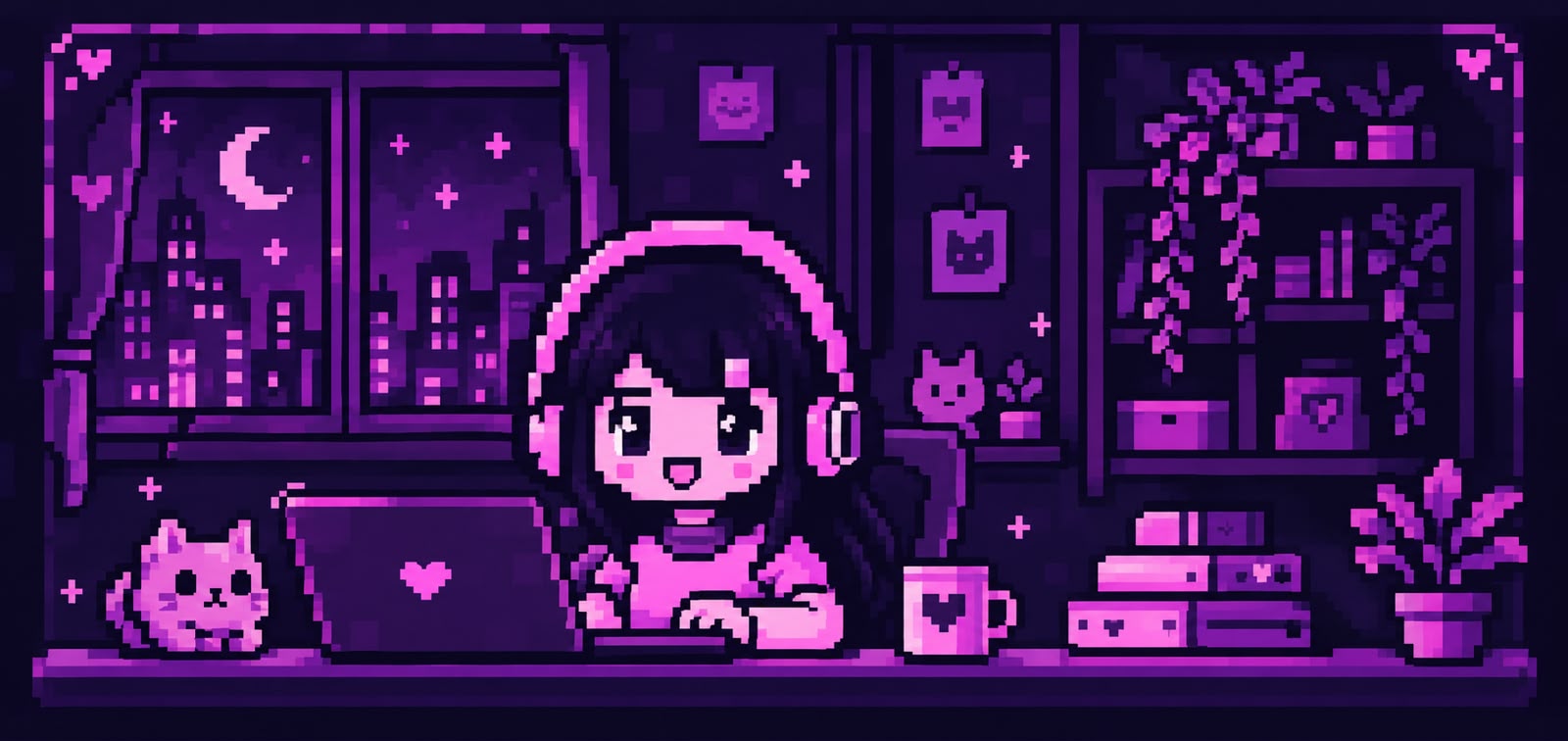 Pixel art girl working on a laptop